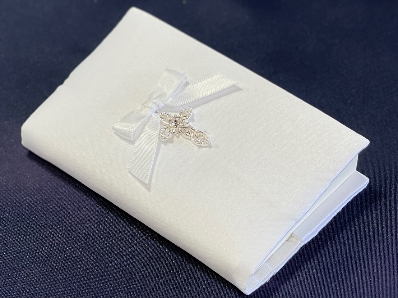 White Satin Baby Bible w/ Our Fine Crystal cross