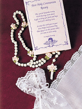 First Communion Rosary with Flowers and Lace Bag