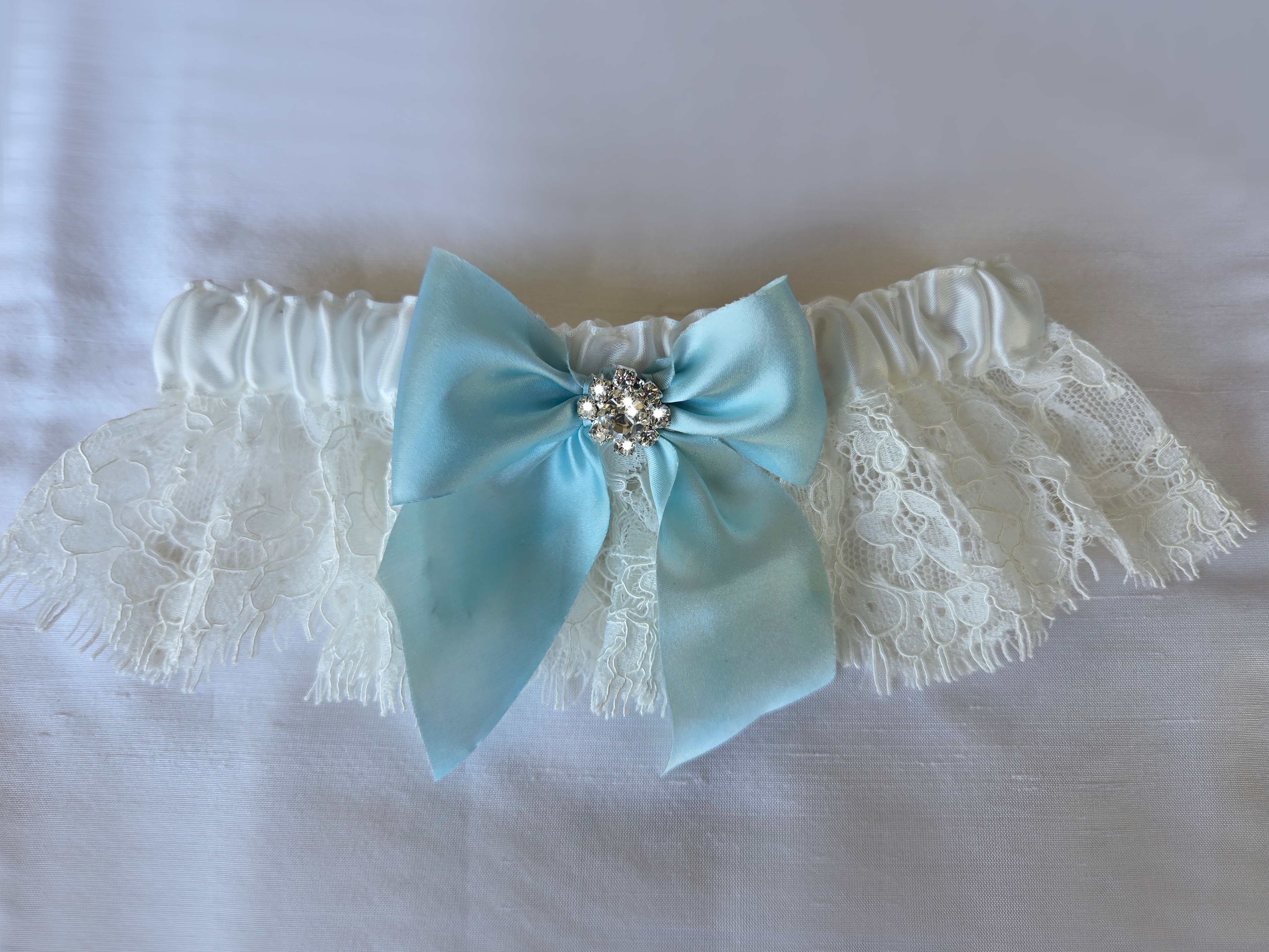 Chantilly re-embroidered Eyelash Garter w/ silk Bow & Crystal