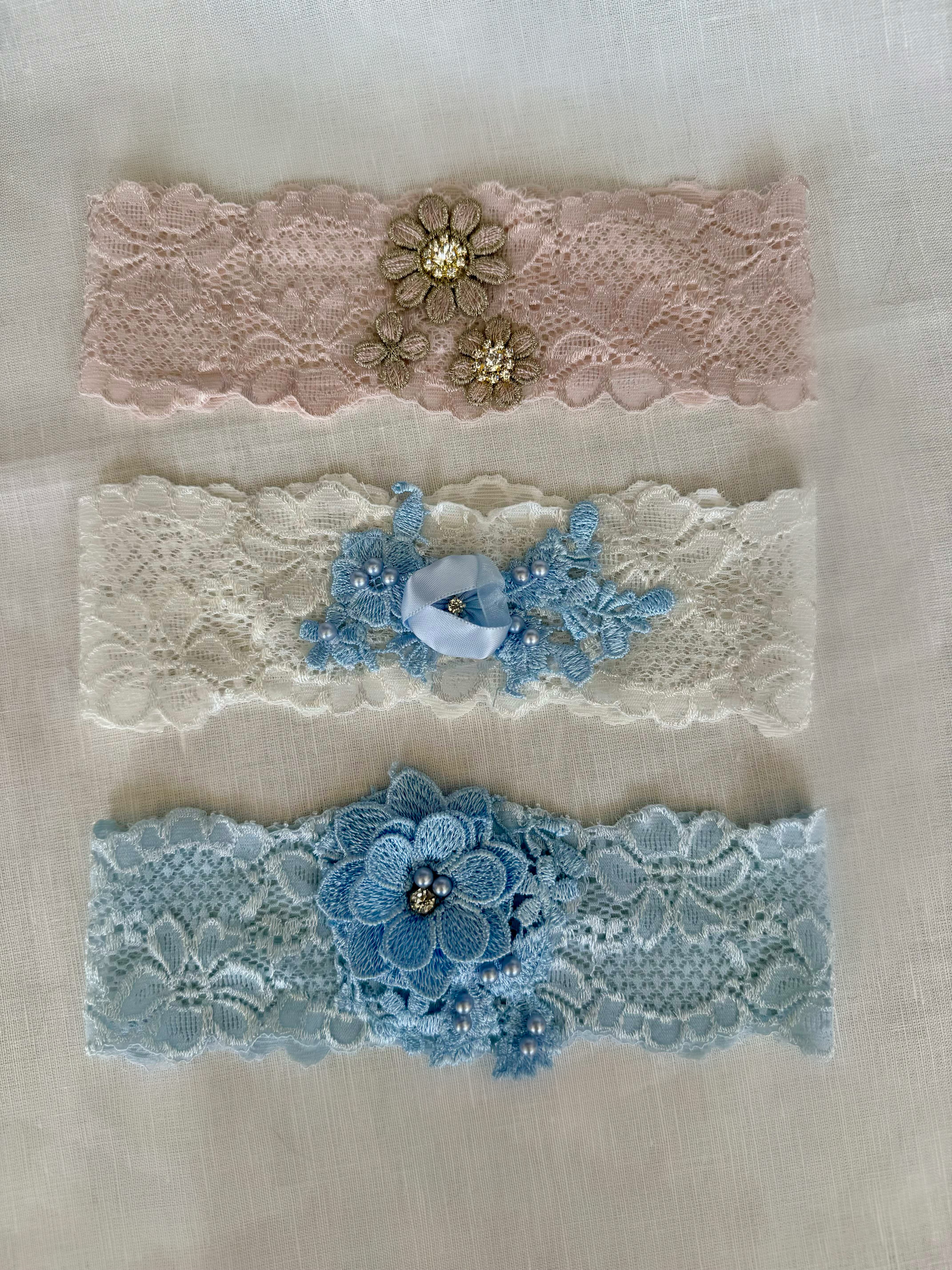 Blush, Lt. Blue, & Off White Bridal Garters