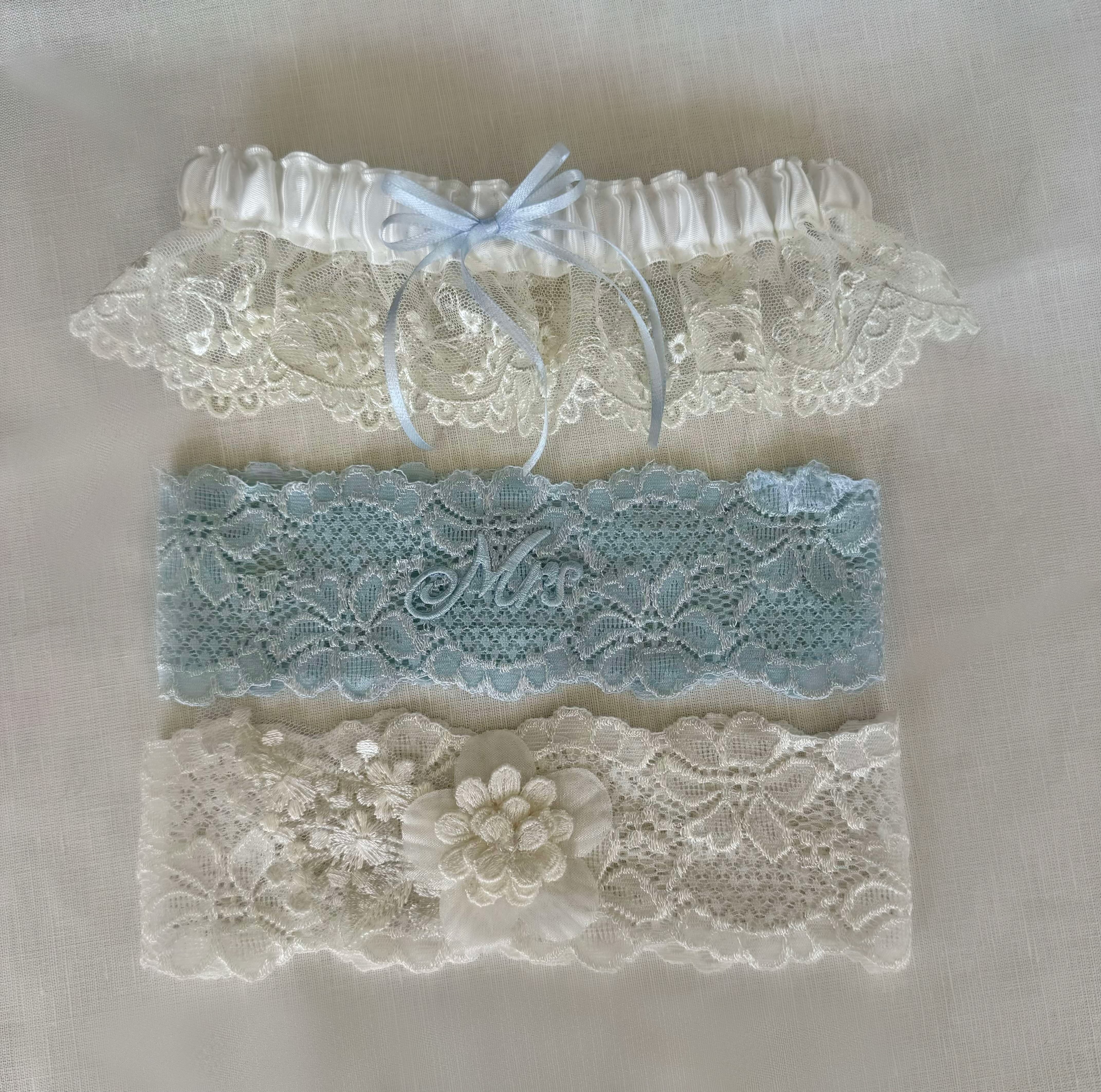 Dusty Blue, & Pearl White Set of 3 Garters