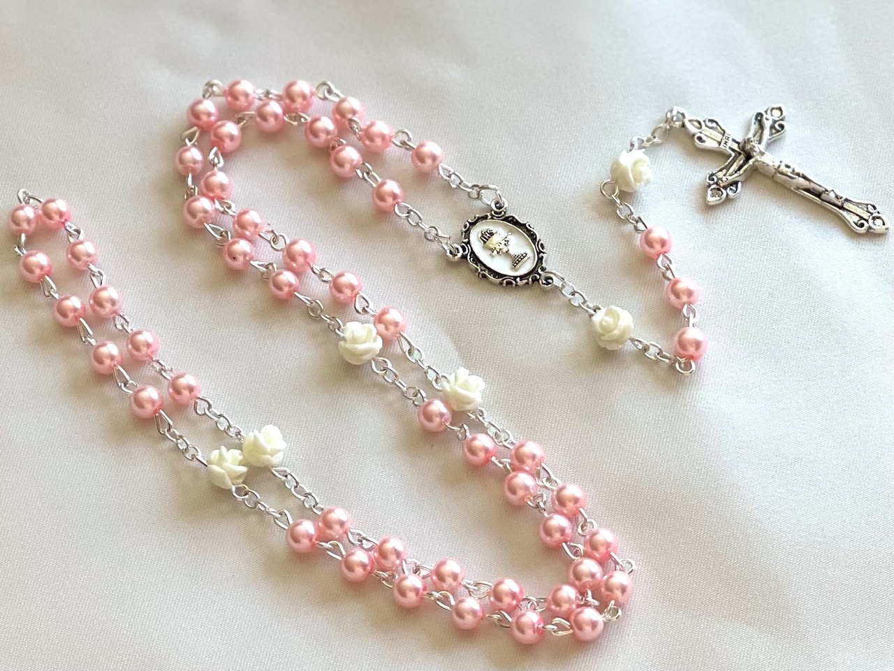 Pink pearl beads w/white flower rosary