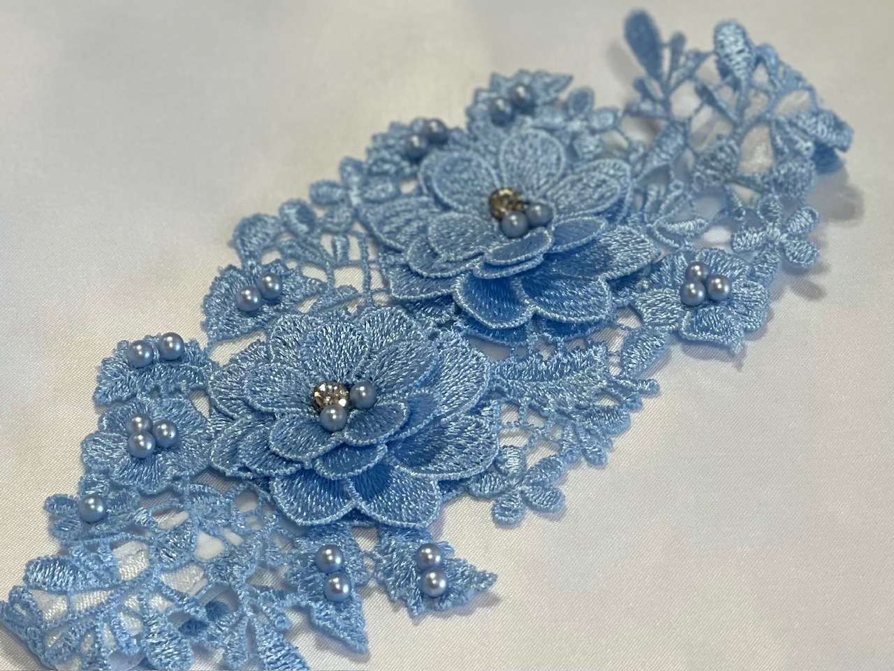 Lt. Blue Venice Lace Stretch Garter w/ Pearls & Crystal