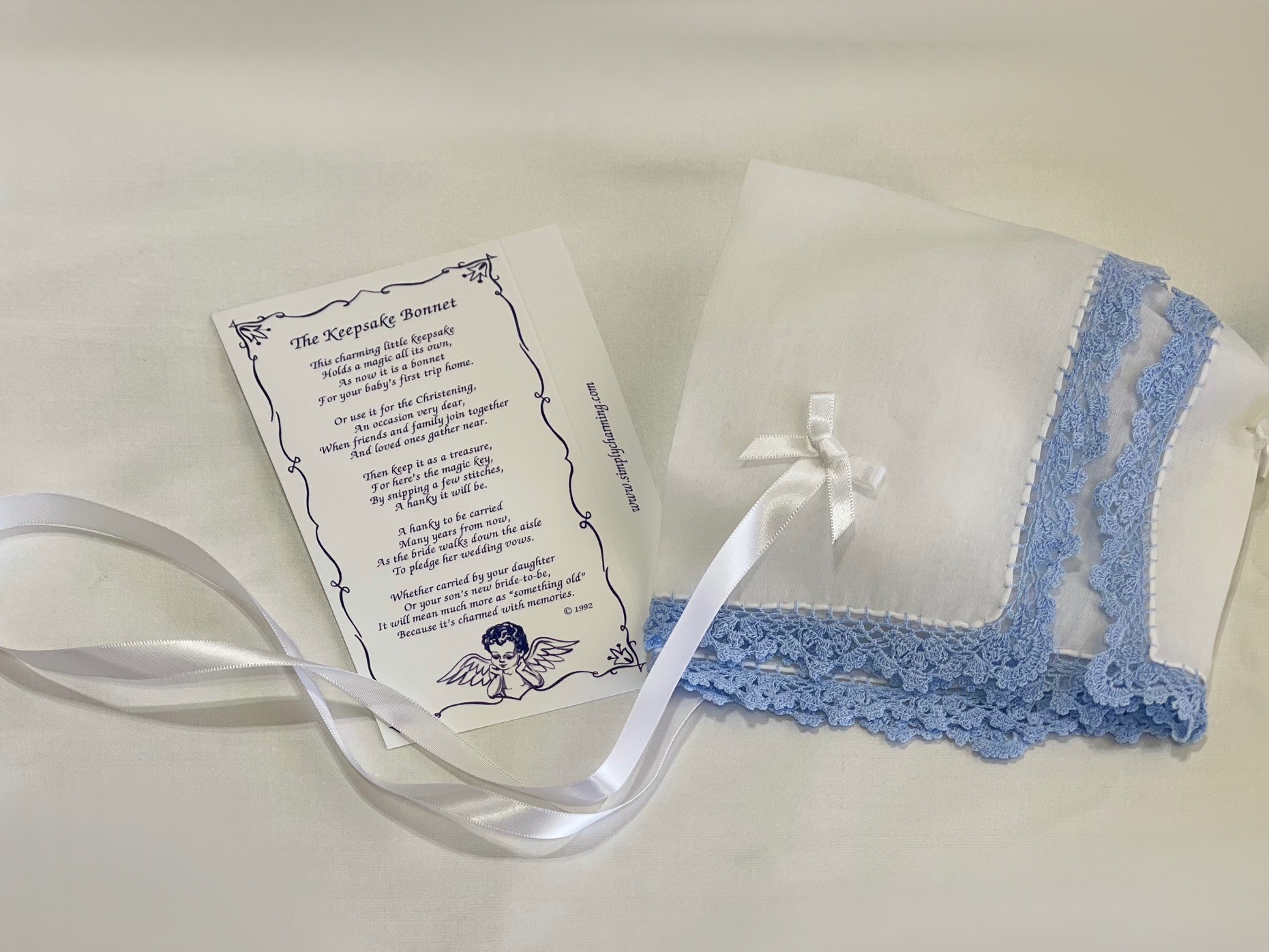 Blue Crocheted Edge Keepsake Baby Bonnet