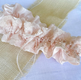 Blush Satin, Lace, and Pearl Garter