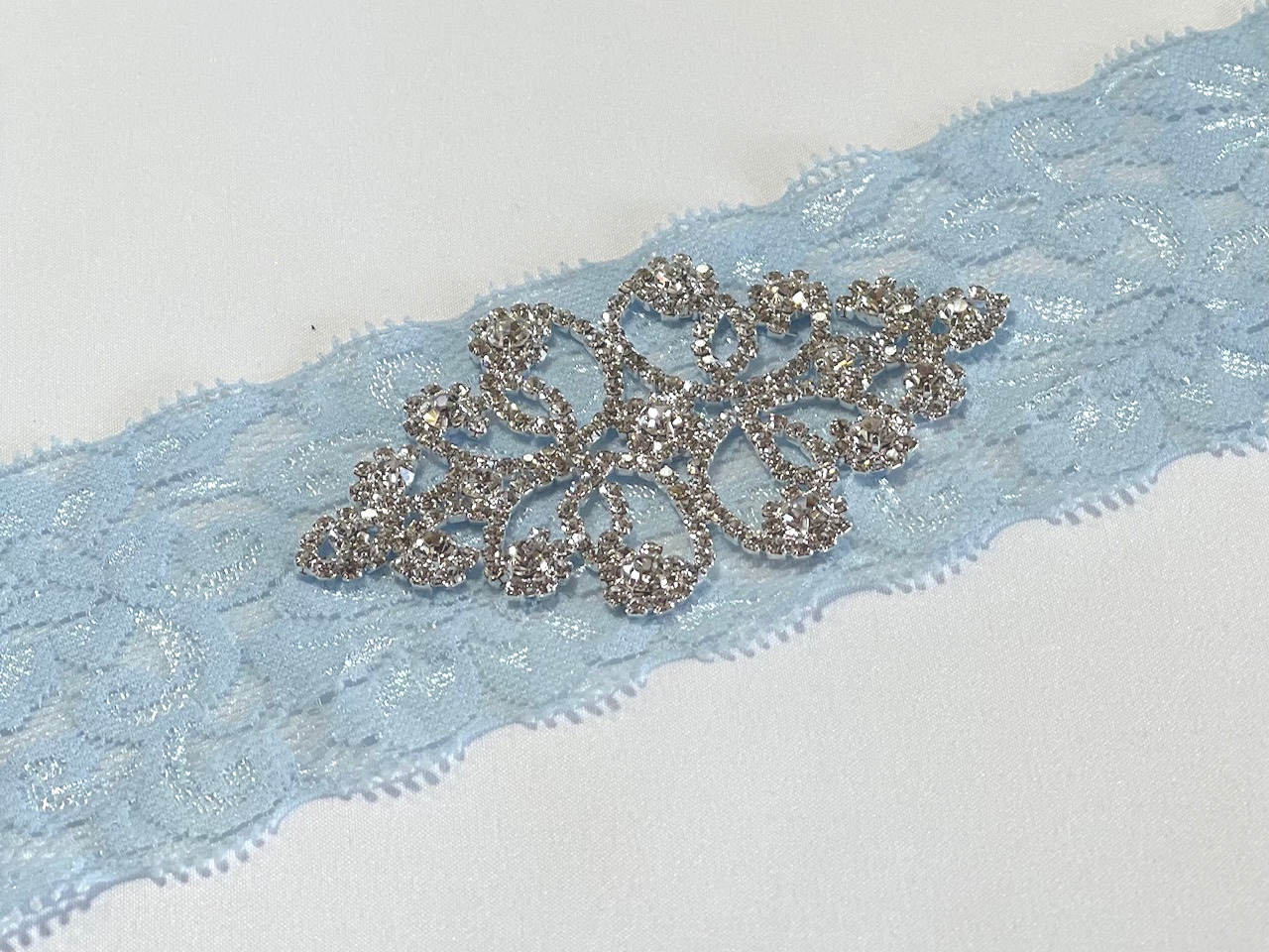 Blue Stretch Lace Garter with Crystal Flower