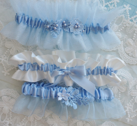 Set of 3 GARTERS: Blue Tulle Garter, White