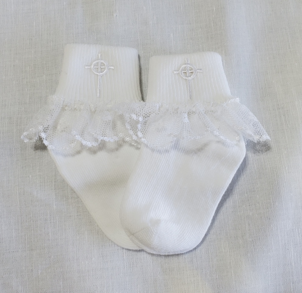 White Girl's Lace Socks with Cross
