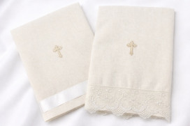 Pearl White Linen Towel w/ Cross