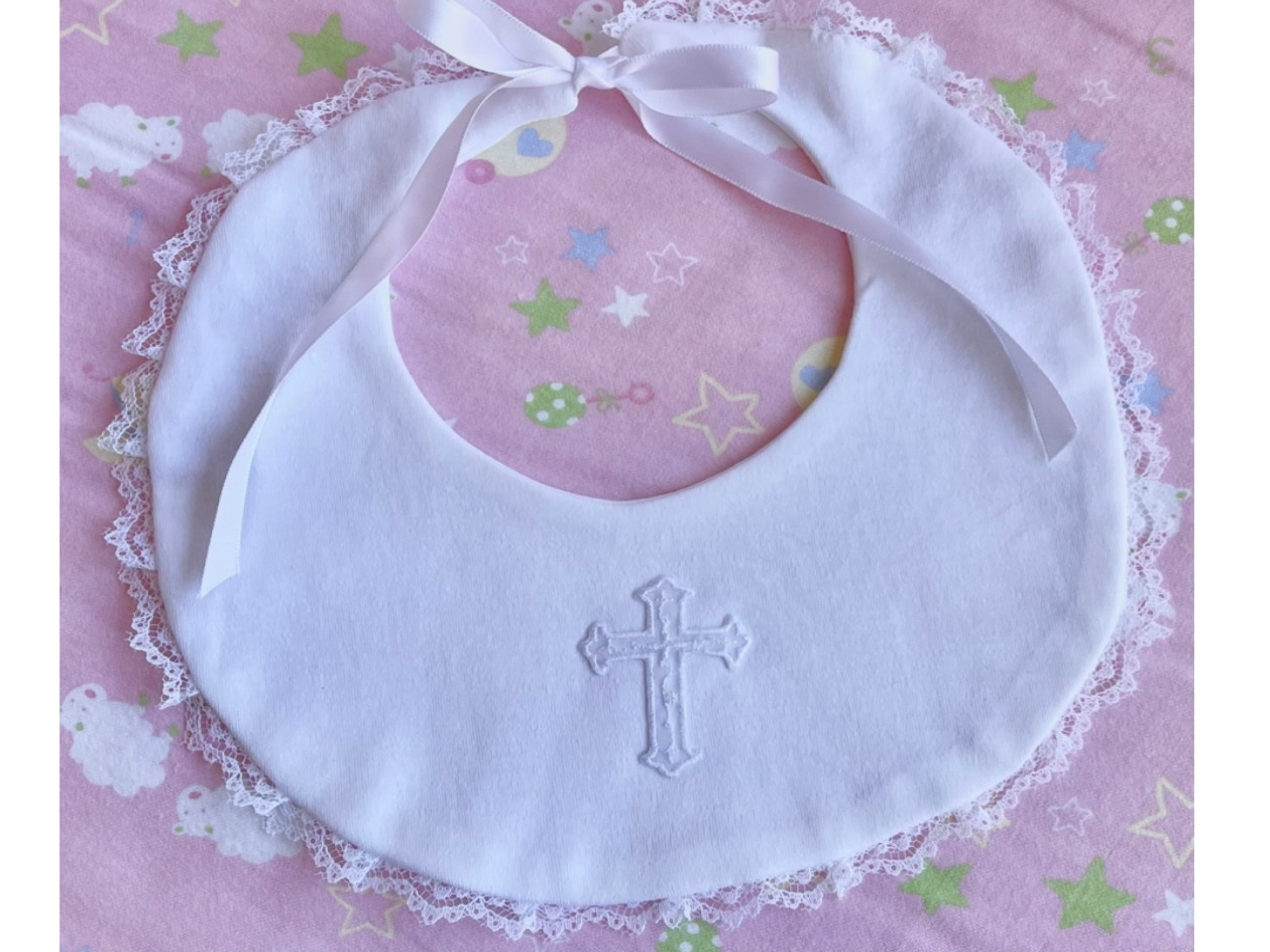 Baby Bib w/ Lace & Cross