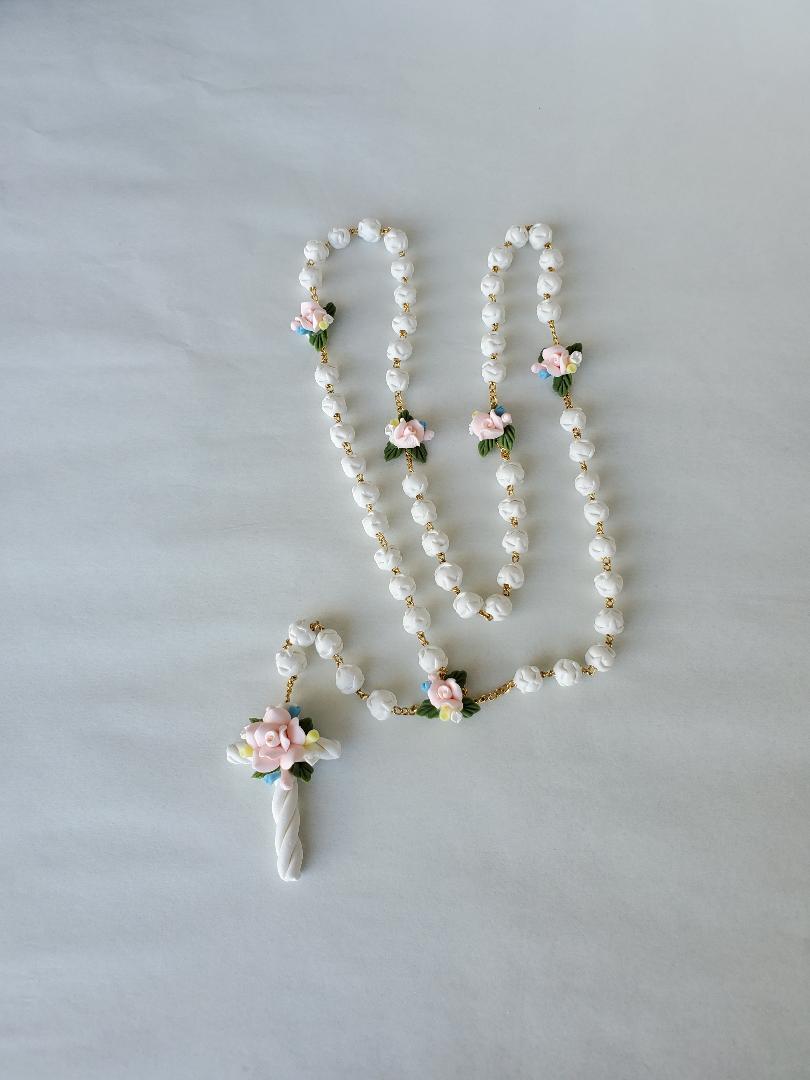 Porcelain Rosary with pastel pink flowers
