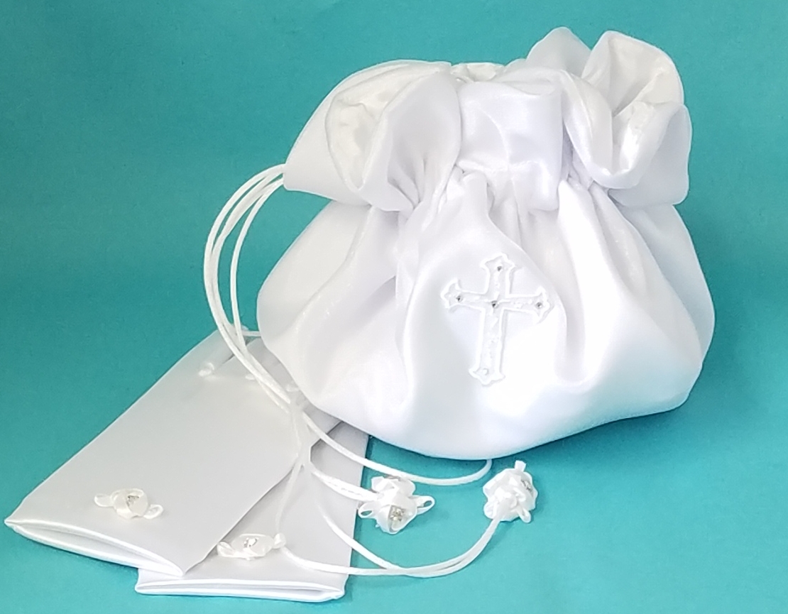 White Organza Pouch with Cross and Crystals