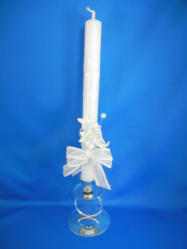 White Cross Candle with Flowers