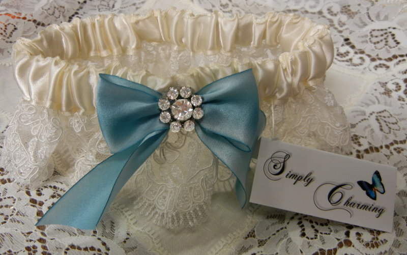 Embroidered Lace Garter w/ Robin Egg Bow and Crystal