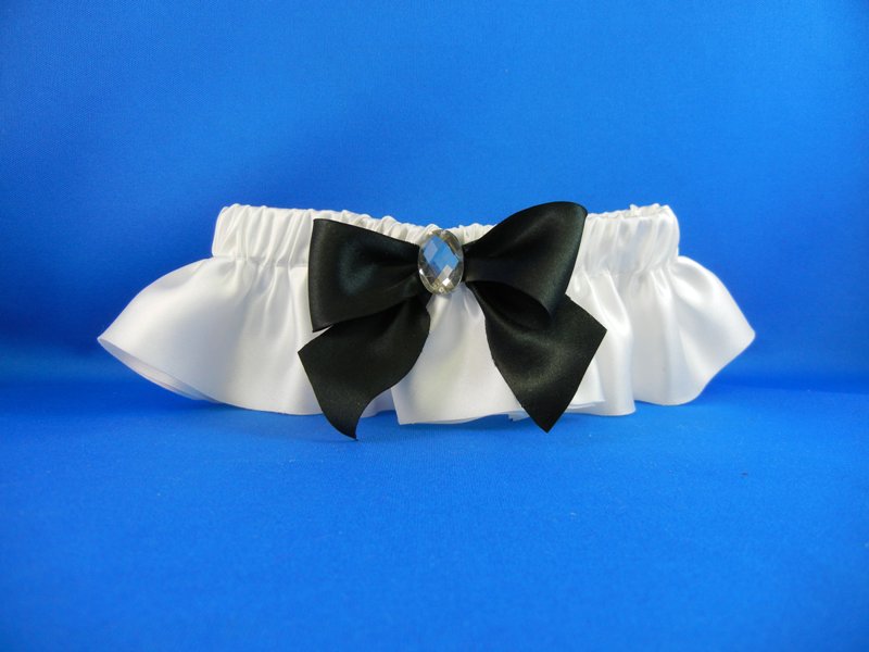 White Silk Satin Garter with Black Bows & Jewel
