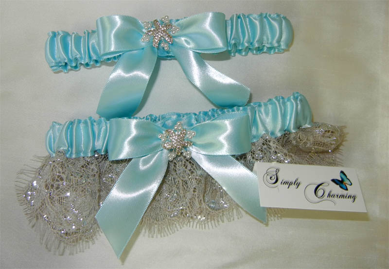 Ice Blue/Silver Lace Garter w/Snowflake Charm