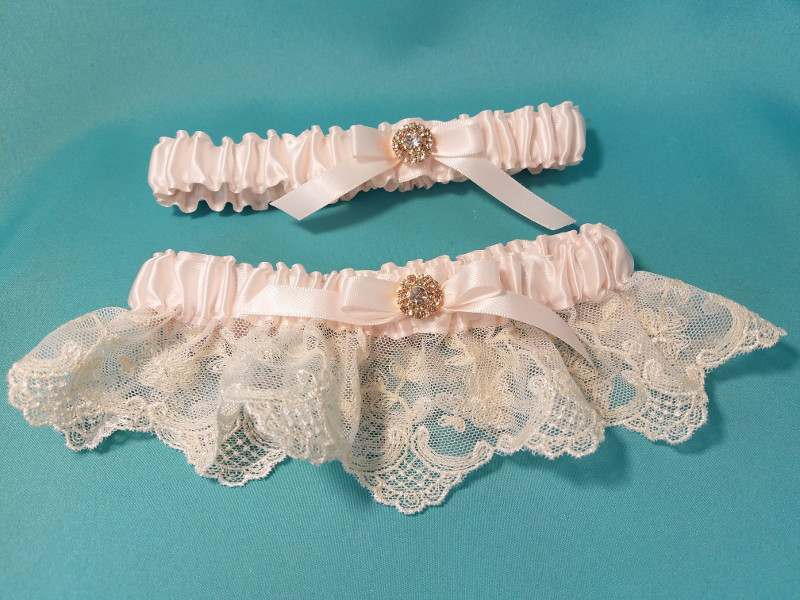 Blush Satin & Ivory Lace Garter Set