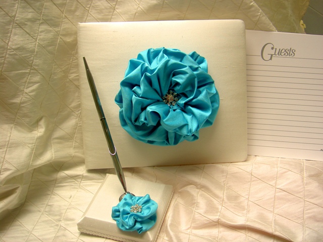 Turquoise Silk Flower Guest Book