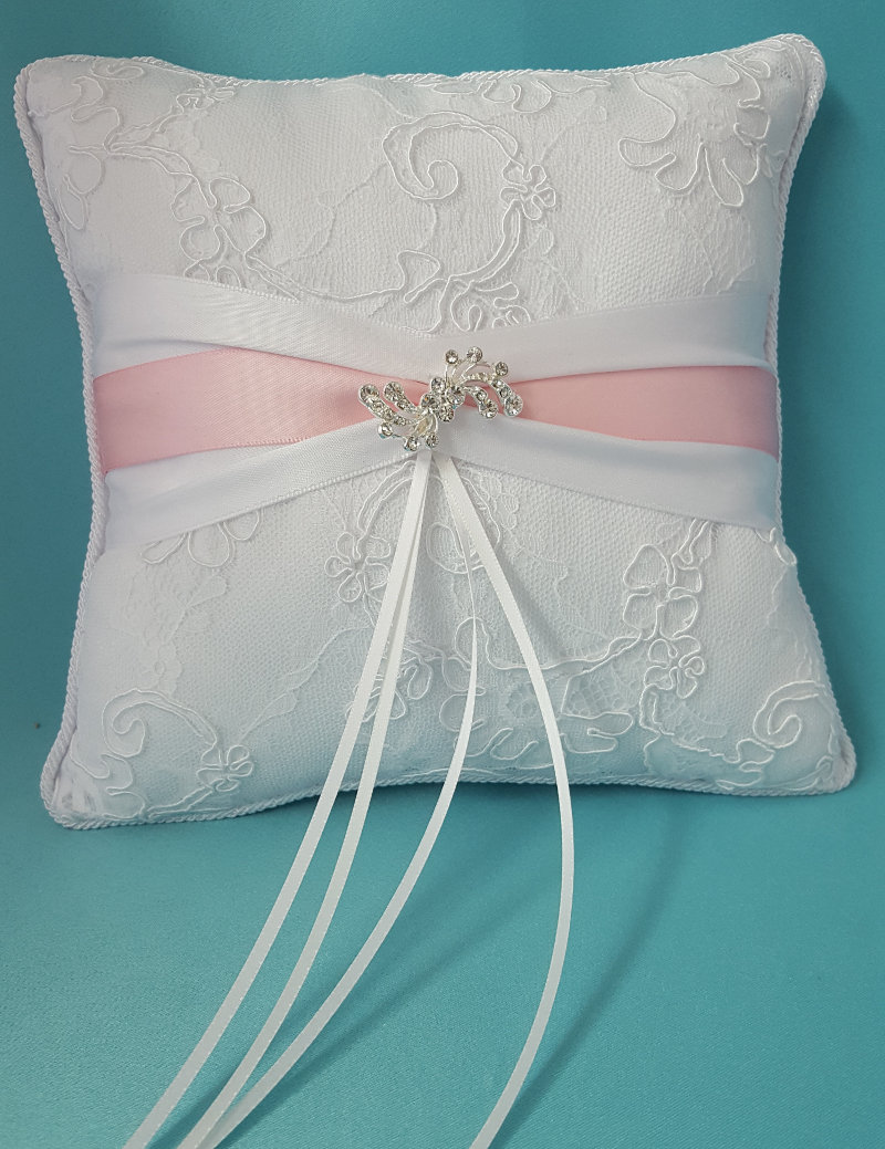 White Satin Lace Overlay Ring Pillow with Crystal Brooch