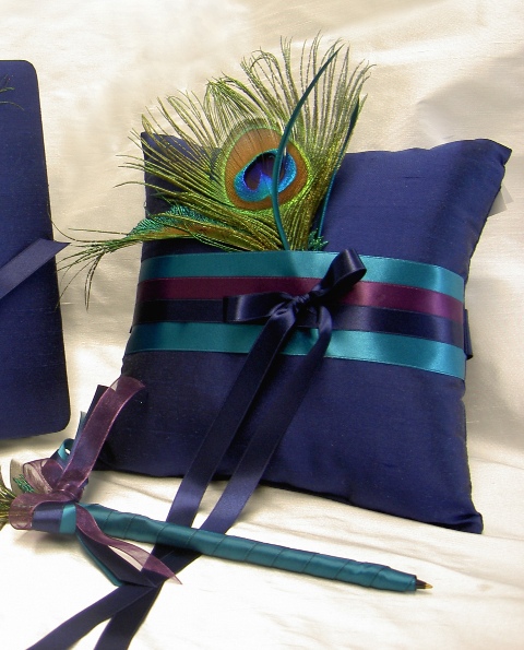 Navy Blue Peacock Ring Pillow