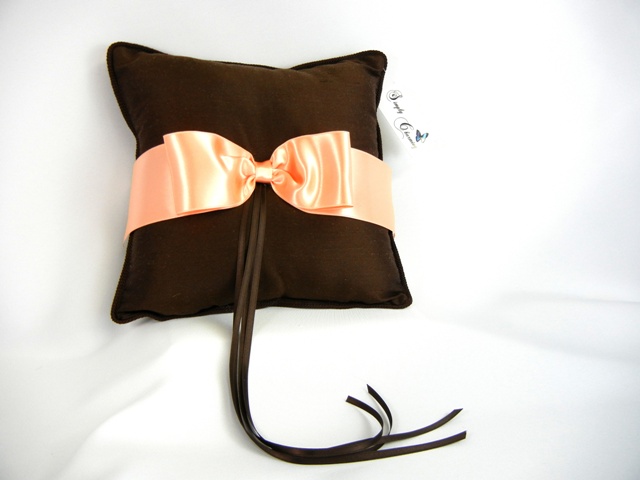 Brown Silk Ring Pillow w/ Peach Ribbon