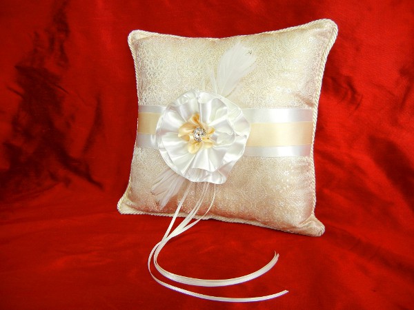 Gold Silk Brocade Ring Pillow w/ Silk Satin Flower