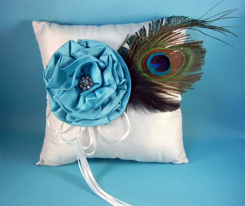 Silk Ring Pillow w/Flower & Peacock Feather