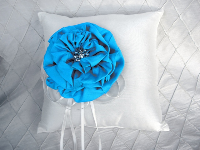Turquoise Silk Flower Ring Pillow