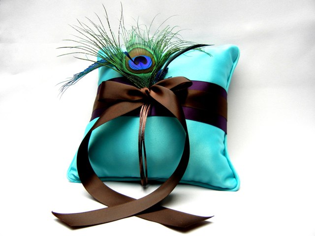 Turquoise Ring Pillow  with Peaock Feather