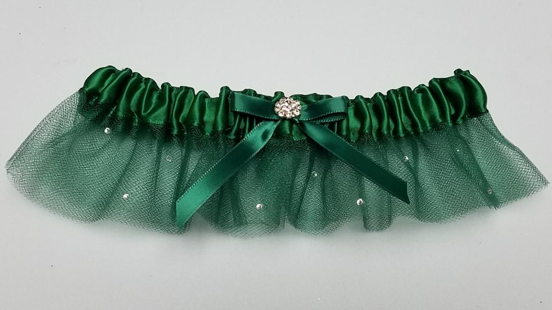 Emerald tulle garter w/ crystals