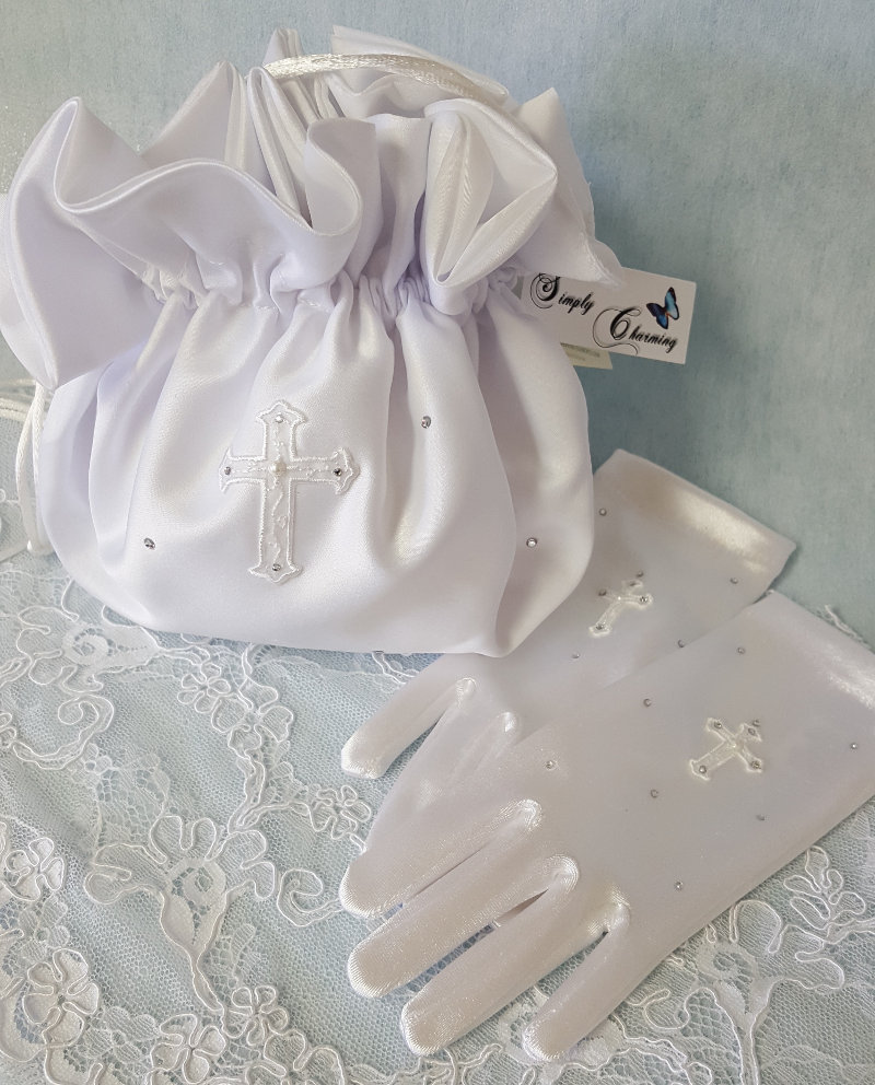 First Communion Drawstring purse & Glove Set