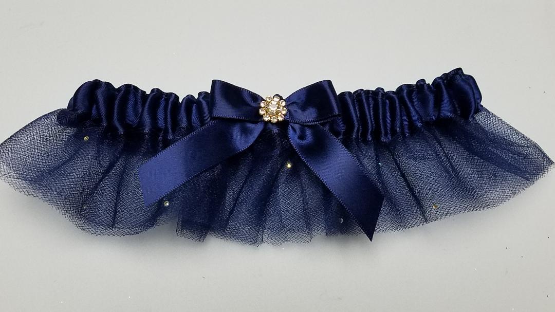 Navy tulle Garter w/ Crystals