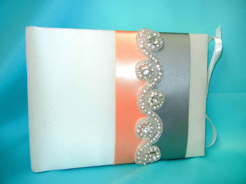 Ivory Silk Jeweled Guestbook with Coral and Charcoal Ribbons